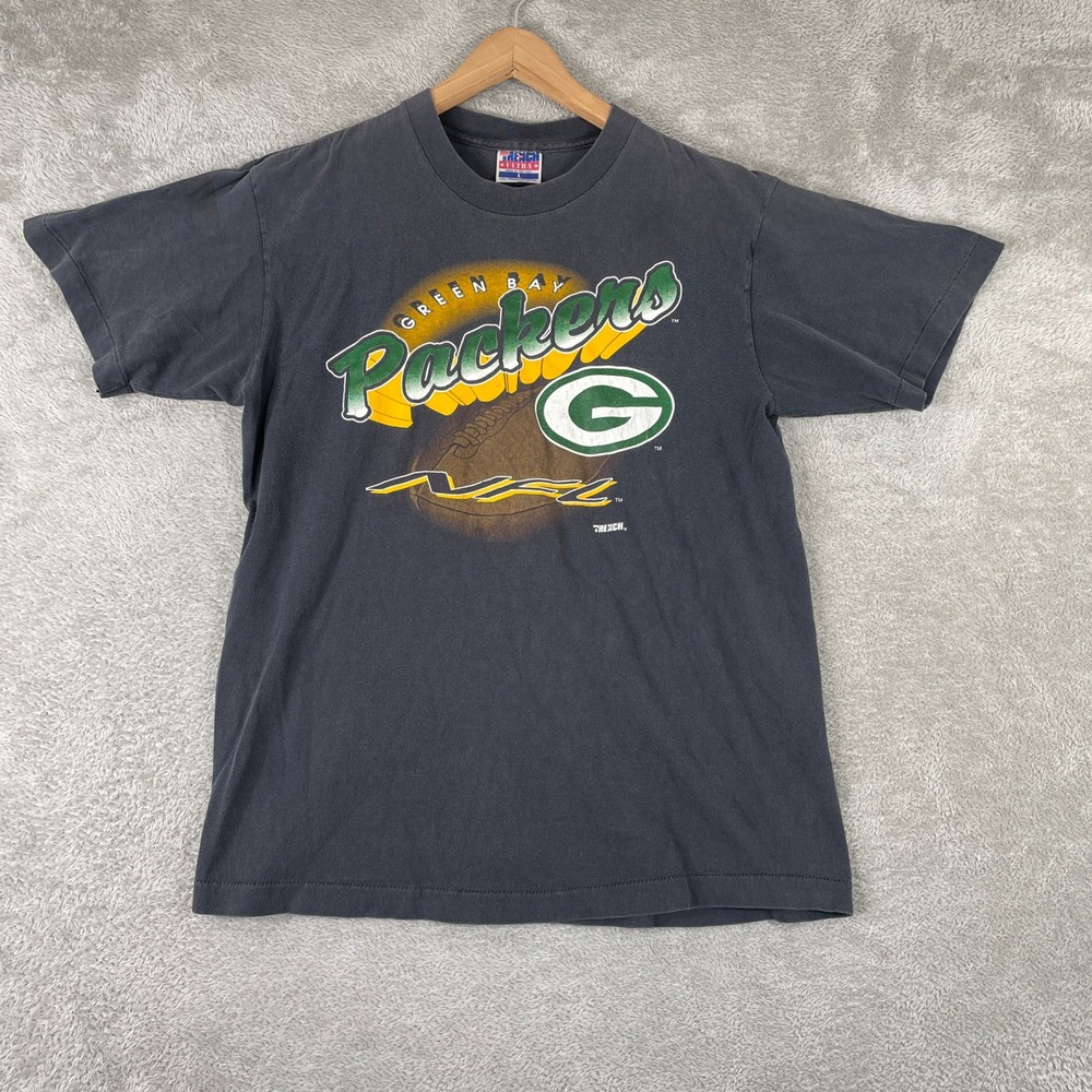 Vintage Green Bay Packers Shirt Mens Large Black NFL Football Graphic Trench